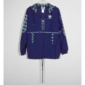 Vintage Navy with Plaid Trim Adidas Trefoil Hooded 1/4 Zip Windbreaker Sz S